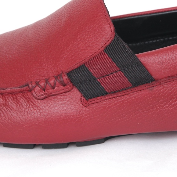 GUCCI Men\'s Red Leather Loafer Moccasin Web 7.5 main image 13